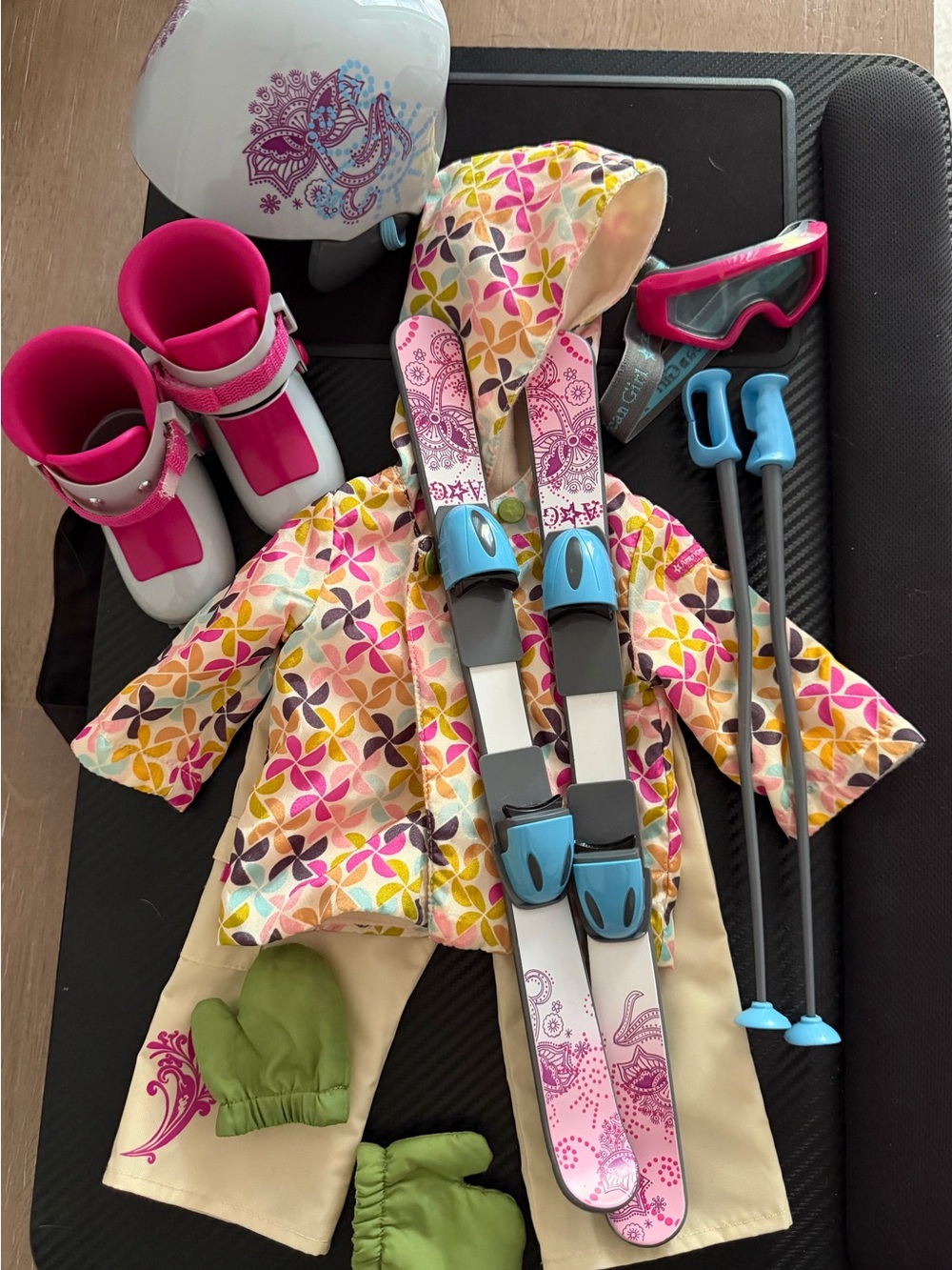 American Girl Doll Ski Outfit Set with Pink & Multicolor Jacket and Skis